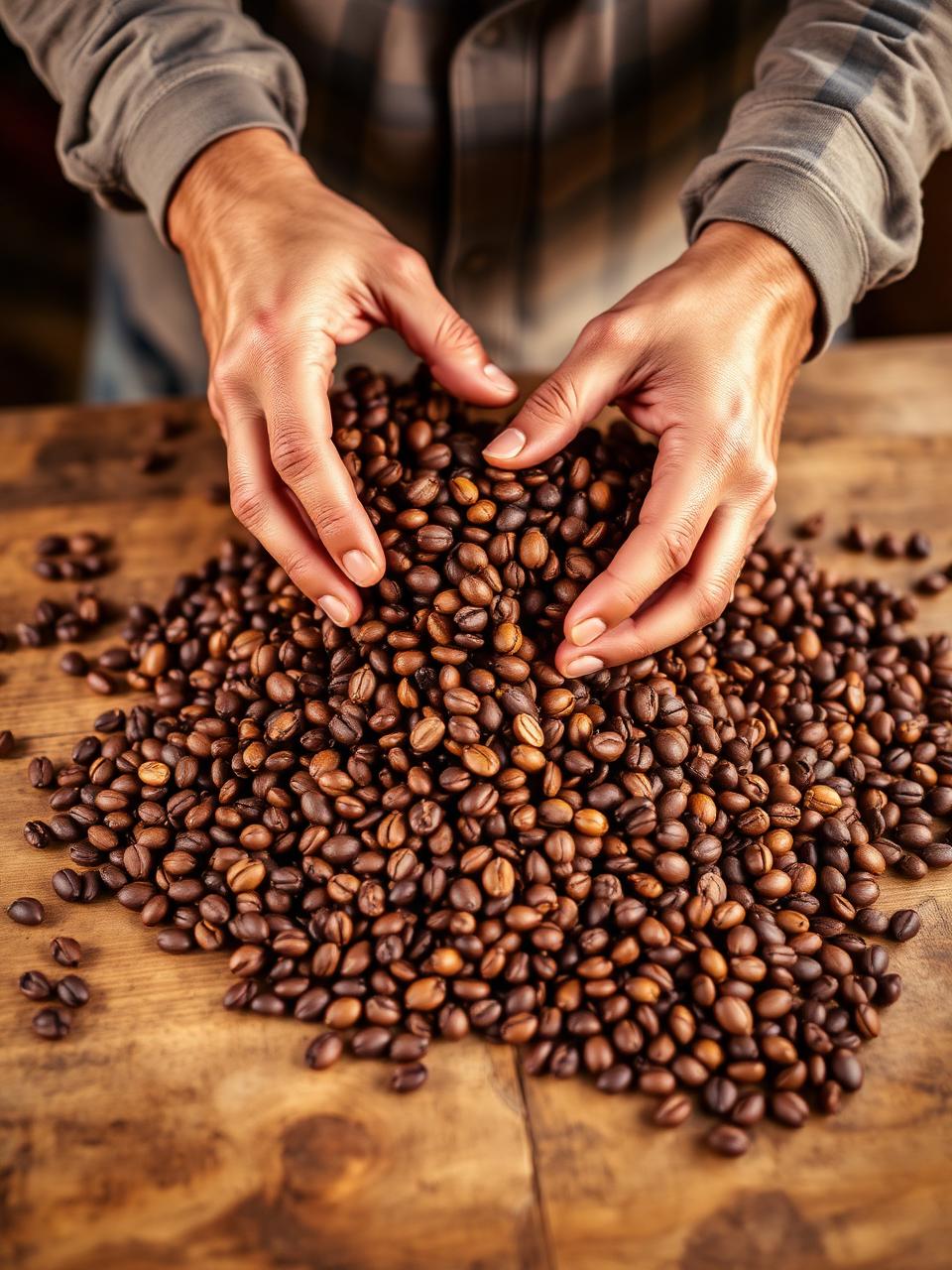 Hands sorting through freshly roasted coffee beans at Lucky Detroit Michigan roasting facility