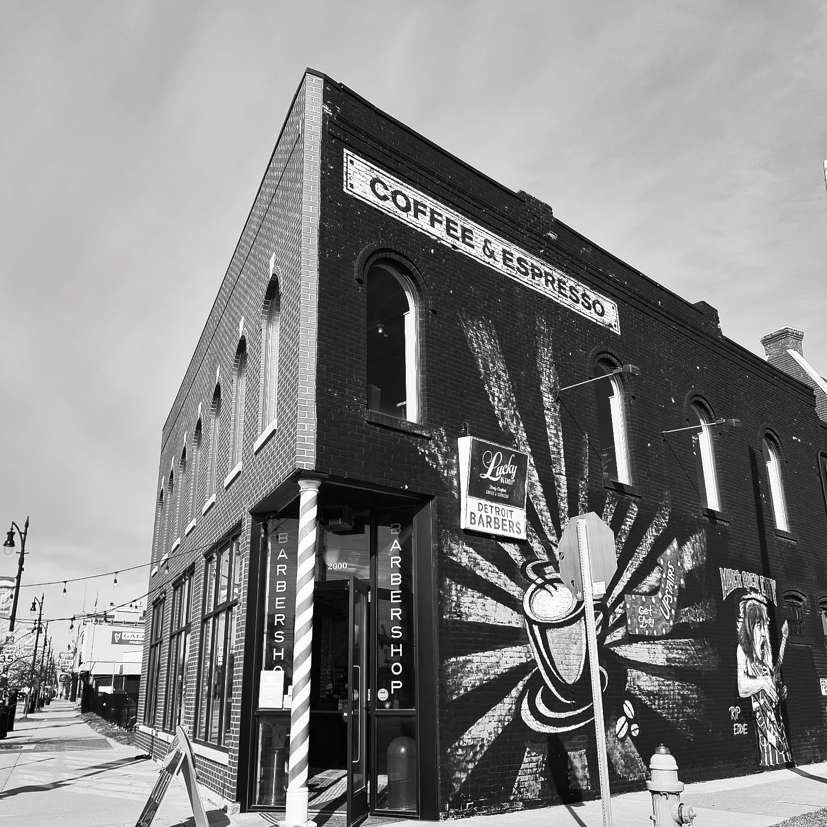 Lucky Detroit's original Corktown coffee shop, upstairs at 2000 Michigan Ave in the Detroit Barber Co building